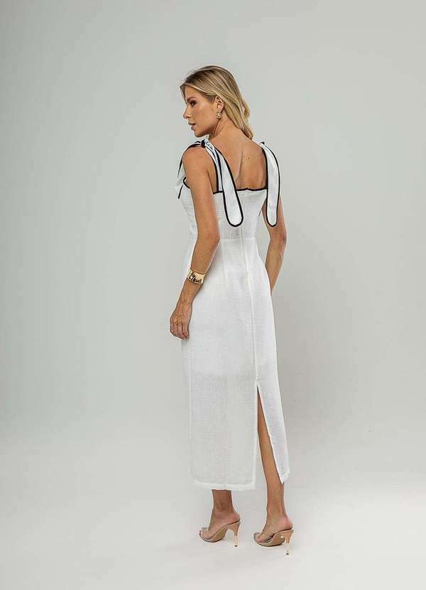 Salvatore Fashion - Vestido Midi com Alças de Amarração e Acabamento Contrastante Branco 4
