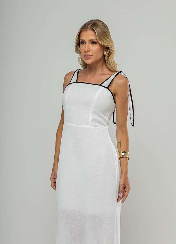 Salvatore Fashion - Vestido Midi com Alças de Amarração e Acabamento Contrastante Branco 5