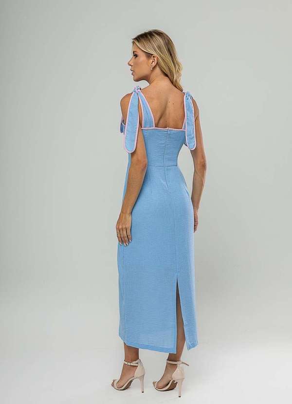 Salvatore Fashion - Vestido Midi com Alças de Amarração e Acabamento Contrastante Azul 5