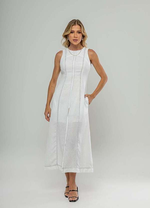 Salvatore Fashion - Vestido Midi com Fenda Frontal e Costura Contrastante Branco