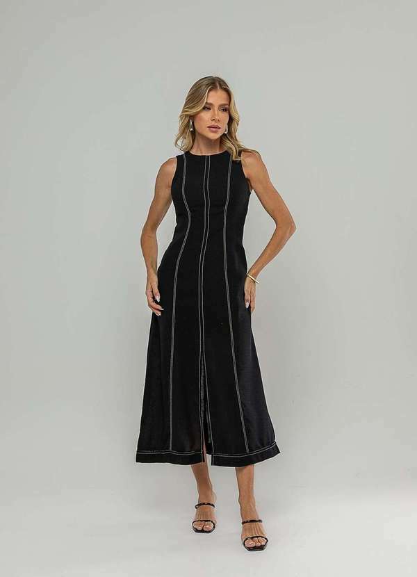 Salvatore Fashion - Vestido Midi com Fenda Frontal e Costura Contrastante Preto