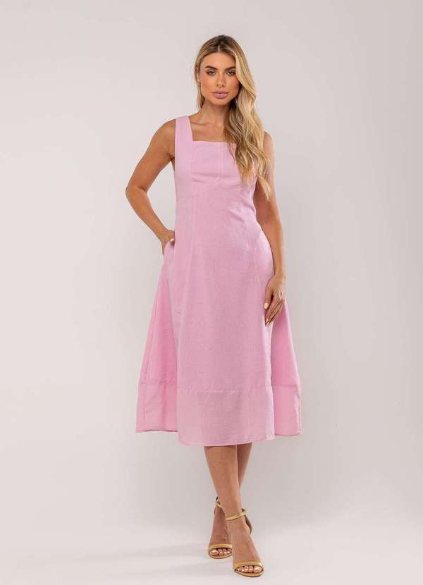 Salvatore Fashion - Vestido Midi Decote Reto e Alça Larga Rosa