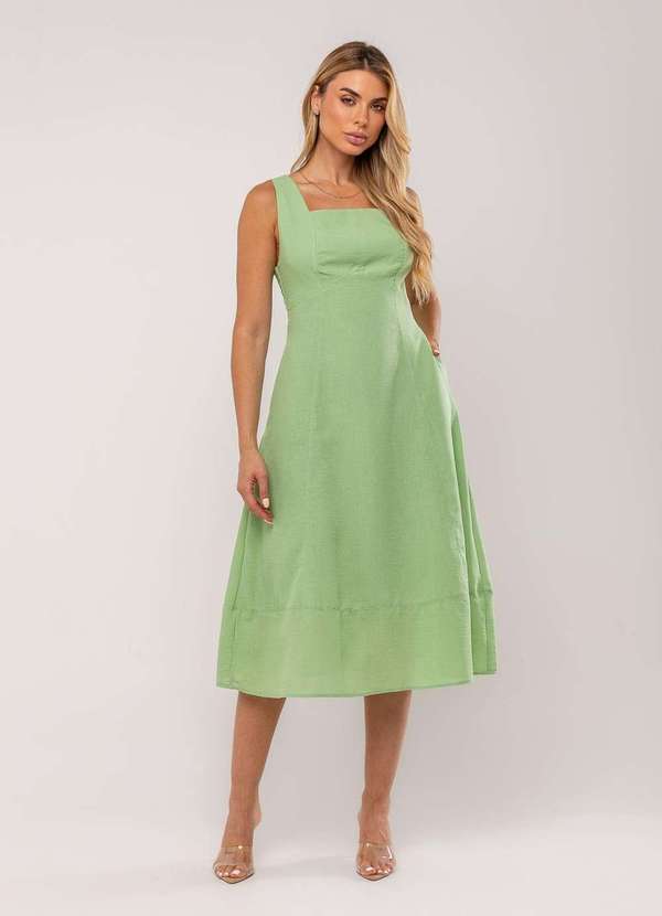 Salvatore Fashion - Vestido Midi Decote Reto e Alça Larga Verde