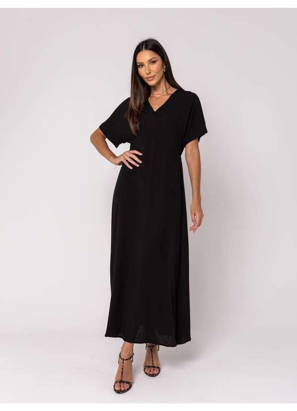 Salvatore Fashion - Vestido Midi Feminino Viscolinho Cinturado Preto 3