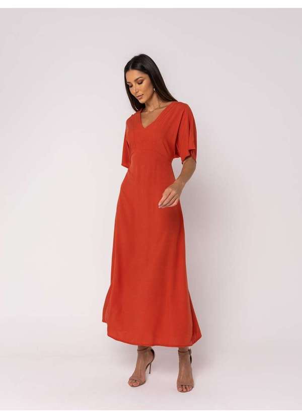 Salvatore Fashion - Vestido Midi Feminino Viscolinho Cinturado Laranja