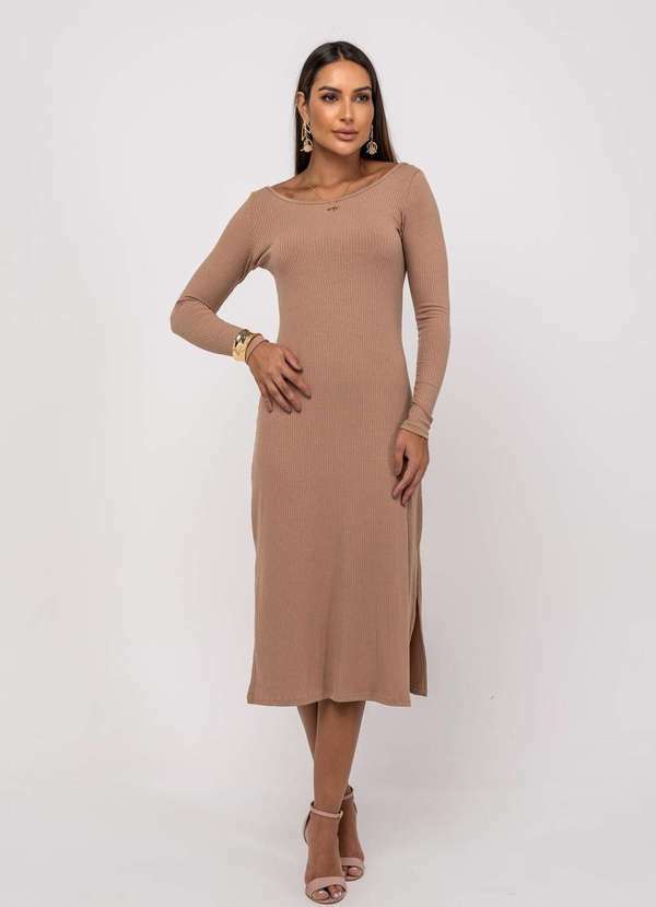 Salvatore Fashion - Vestido Midi M/L Decote Canoa Canelado Bege