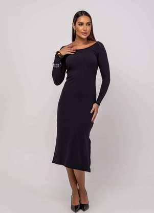 Salvatore Fashion - Vestido Midi M/L Decote Canoa Canelado - SALVATORE FASHION