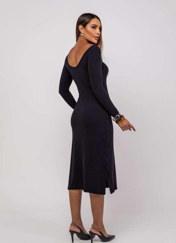 Salvatore Fashion - Vestido Midi M/L Decote Canoa Canelado Preto 2