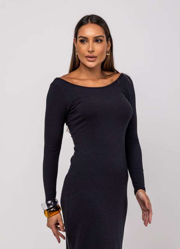 Salvatore Fashion - Vestido Midi M/L Decote Canoa Canelado Preto 4