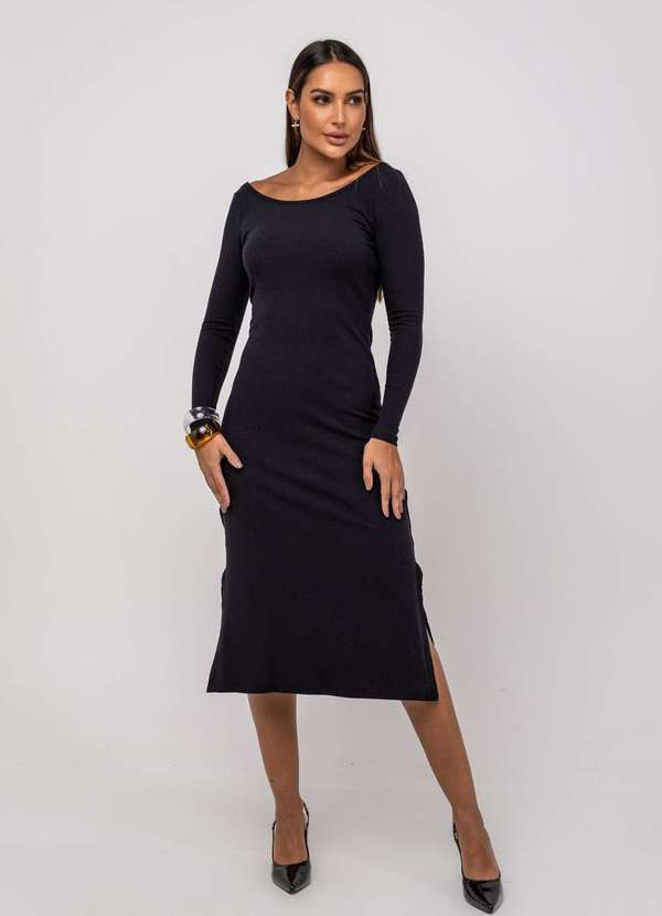 Salvatore Fashion - Vestido Midi M/L Decote Canoa Canelado Preto 5