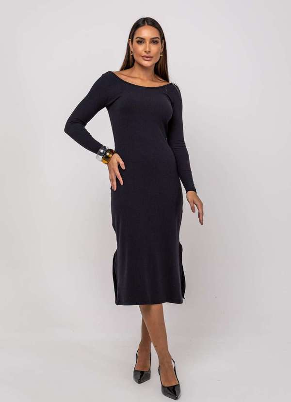 Salvatore Fashion - Vestido Midi M/L Decote Canoa Canelado Preto 6