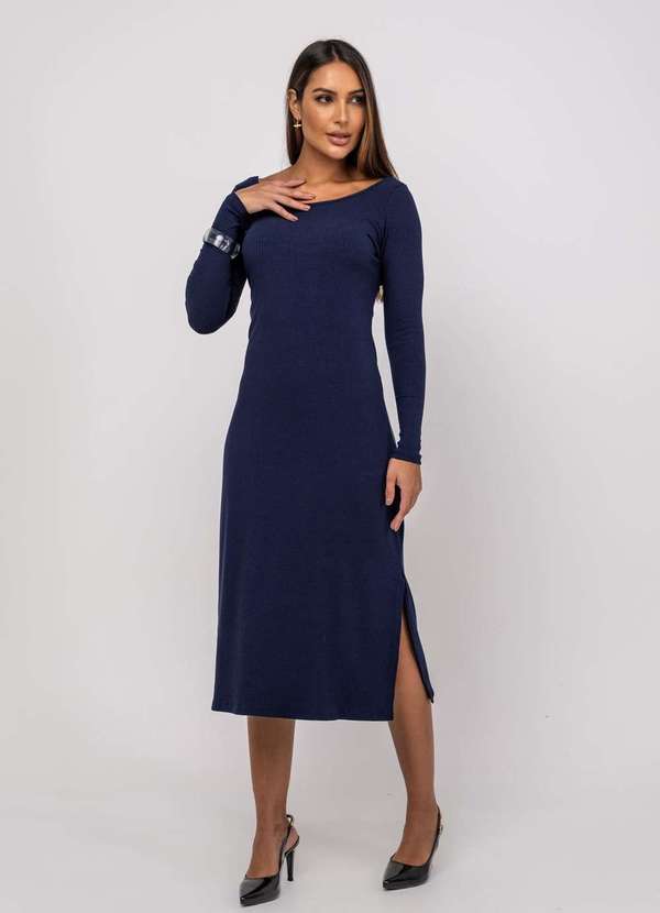 Salvatore Fashion - Vestido Midi M/L Decote Canoa Canelado Azul