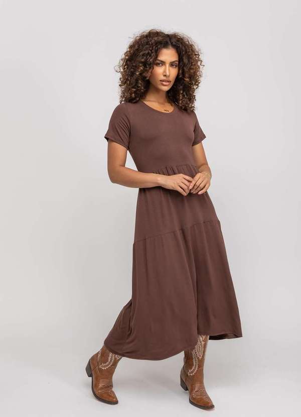 Salvatore Fashion - Vestido Midi Manga Curta com Babado Marrom
