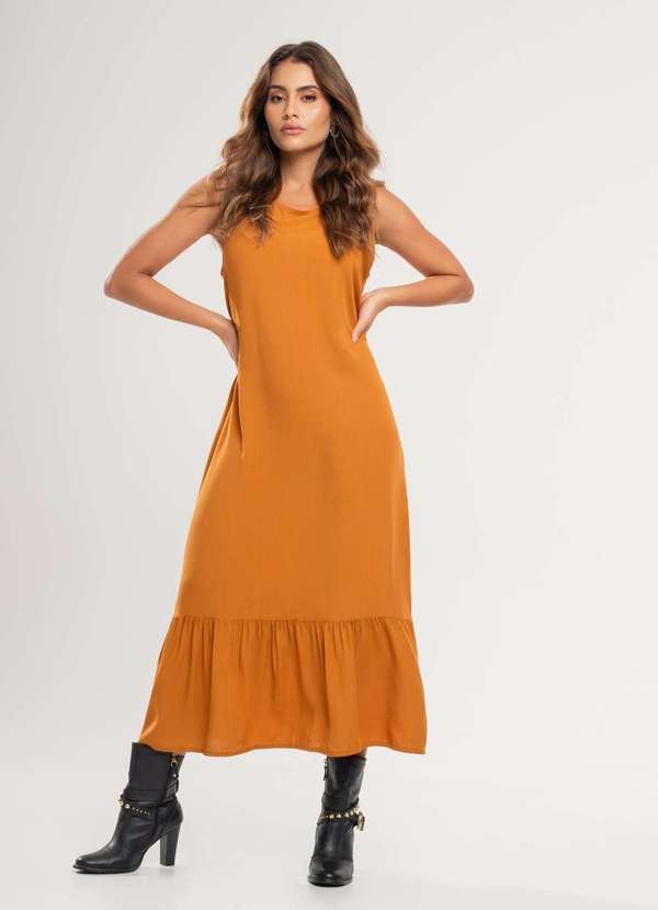 Salvatore Fashion - Vestido Midi Regata Babado Viscolinho Fashion Marrom