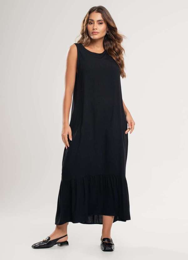 Salvatore Fashion - Vestido Midi Regata Babado Viscolinho Fashion Preto