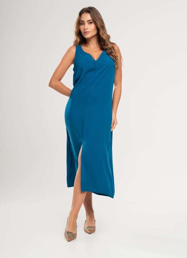 Salvatore Fashion - Vestido Midi Regata Fenda Viscolinho Fashion Azul
