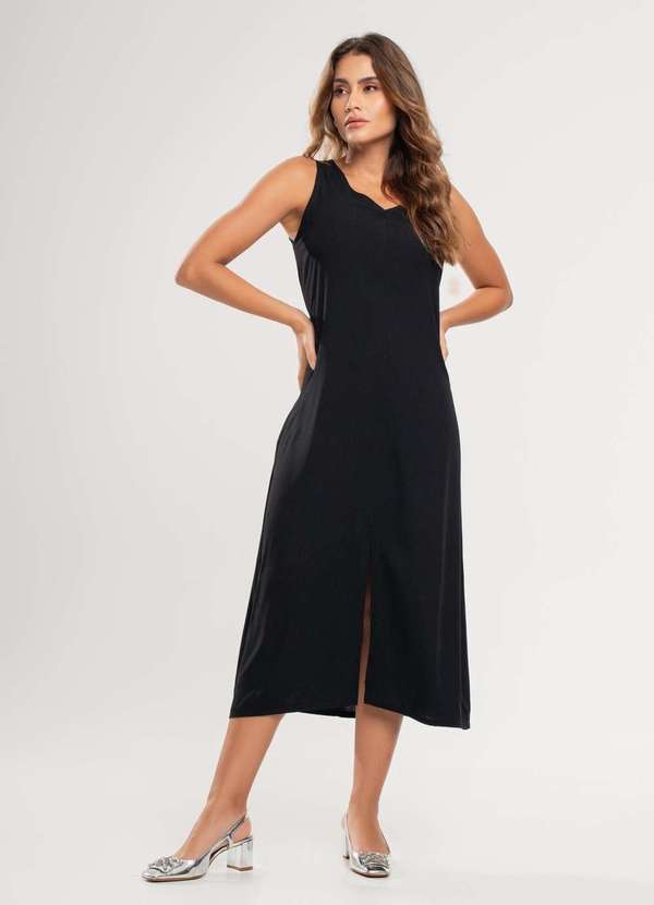 Salvatore Fashion - Vestido Midi Regata Fenda Viscolinho Fashion Preto