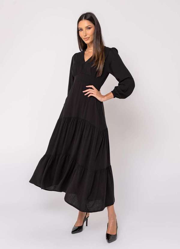 Salvatore Fashion - Vestido Midi Viscolinho M/L Babado Preto 4