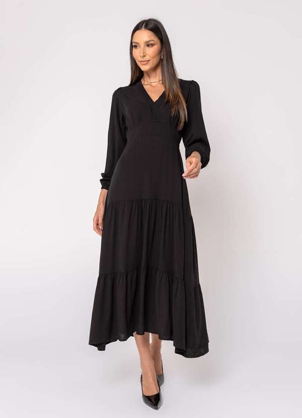 Salvatore Fashion - Vestido Midi Viscolinho M/L Babado Preto 7