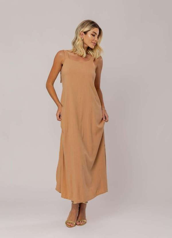 Salvatore Fashion - Vestido Midi Viscolinho Premium com Alças Bege 2