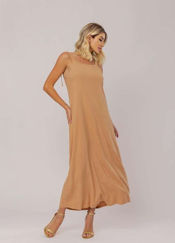 Salvatore Fashion - Vestido Midi Viscolinho Premium com Alças Bege 3