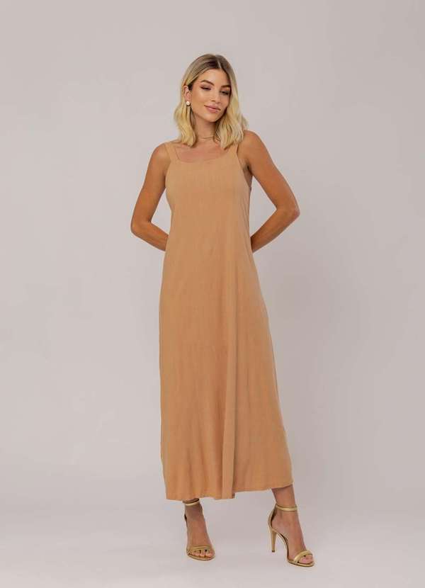 Salvatore Fashion - Vestido Midi Viscolinho Premium com Alças Bege 5