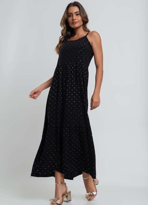 Salvatore Fashion - Vestido Midi Viscose Babado com Lurex Fashion Preto