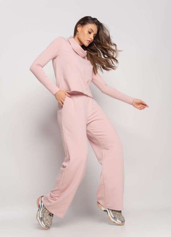 Salvatore Fashion - Conjunto de Moletinho com Blusa Golão e Calça Wide Leg  Fashion Rosa 3