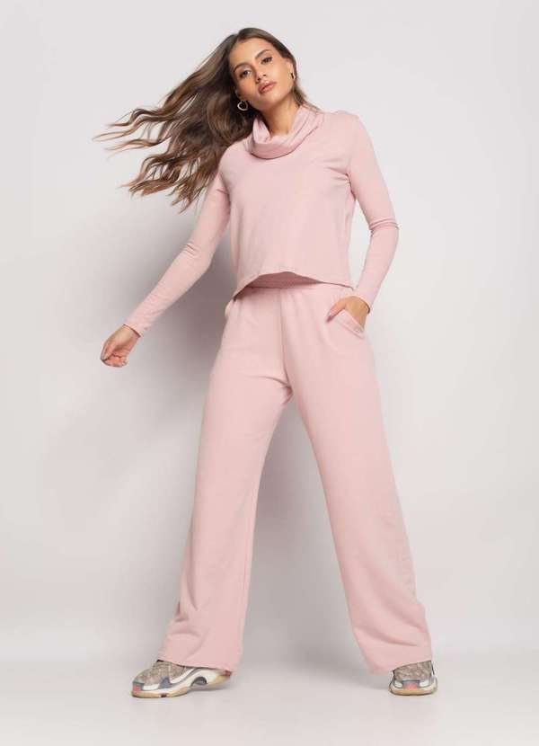 Salvatore Fashion - Conjunto de Moletinho com Blusa Golão e Calça Wide Leg  Fashion Rosa 4