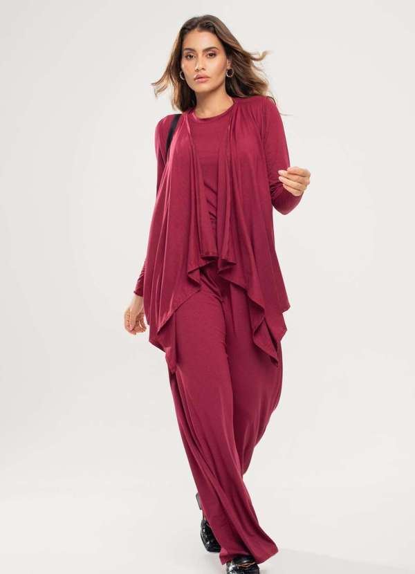 Salvatore Fashion - Conjunto com Kimono, Blusa Manga Longa e Wide Leg Malha Vermelho