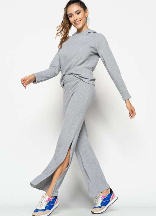 Salvatore Fashion - Conjunto Comfy com Casaco e Calça Flare Canelado  Fashion Cinza 6