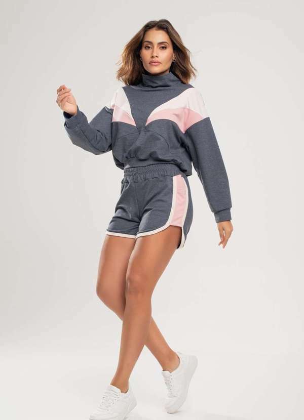 Salvatore Fashion - Conjunto de Moletinho com Casaco Gola Alta e Short Cinza