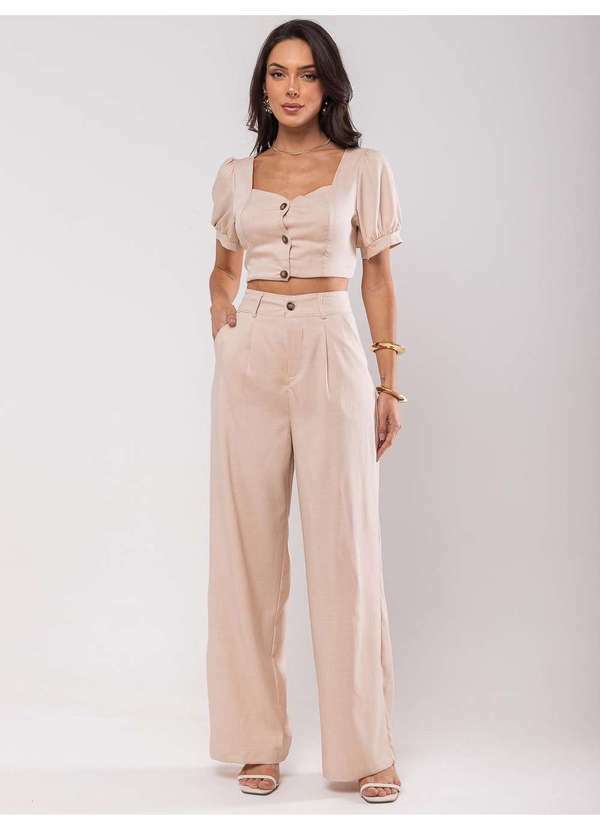 Salvatore Fashion - Conjunto Feminino Alfaiataria Cropped Bufante e Wide Leg Fashion Bege