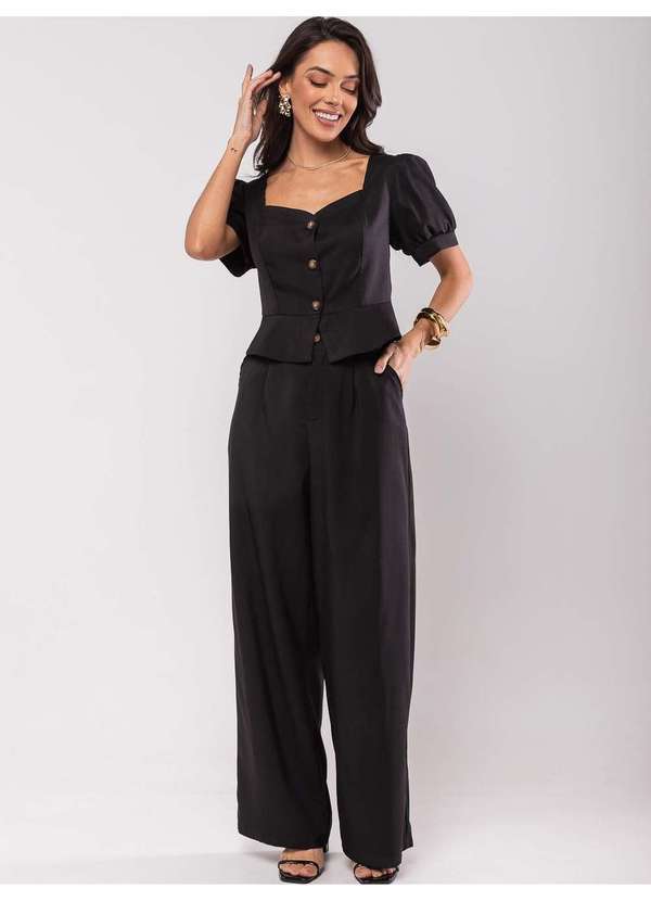 Salvatore Fashion - Conjunto Feminino Alfaiataria Cropped Bufante e Wide Leg Fashion Preto