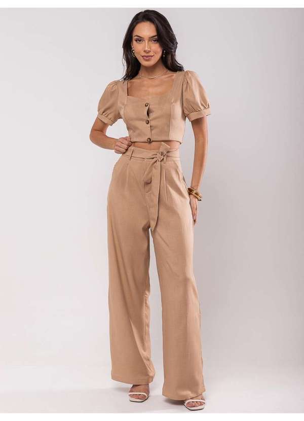 Salvatore Fashion - Conjunto Feminino Alfaiataria Cropped Bufante e Wide Leg Fashion Bege