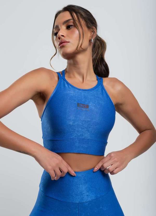 Salvatore Fashion - Top Suplex Canelado Brilho com Decote Alto e Tiras  Fashion Azul