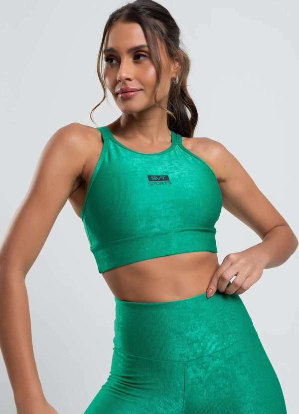 Salvatore Fashion - Top Suplex Canelado Brilho com Decote Alto e Tiras Fashion Verde