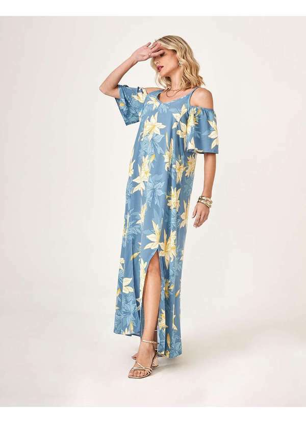 Zinzane - Vestido Zinzane Feminino Lirio Ombro Vazado Fendas Azul