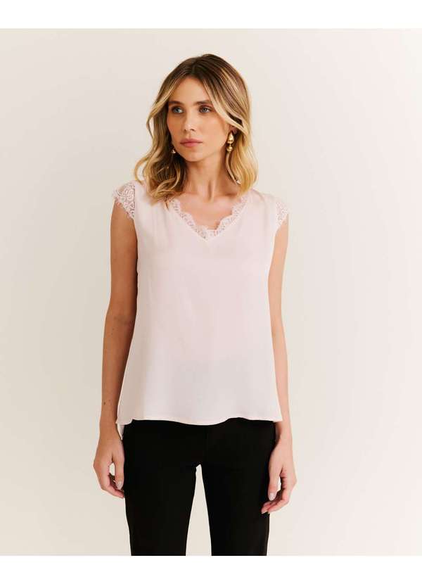 Zinzane - Blusa Ampla Renda Decote - Rose Rosa
