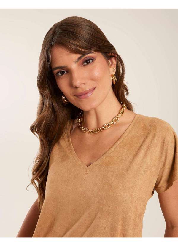 Zinzane - Blusa Zinzane Feminino Gola V Suede - Camel Marrom 3