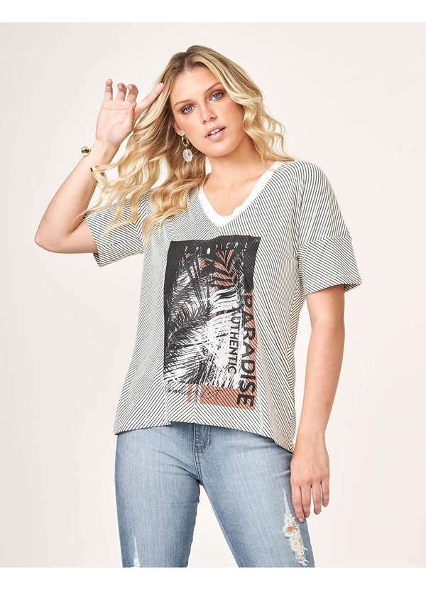 Zinzane - Blusa Zinzane Feminino Listra Decote V Preto