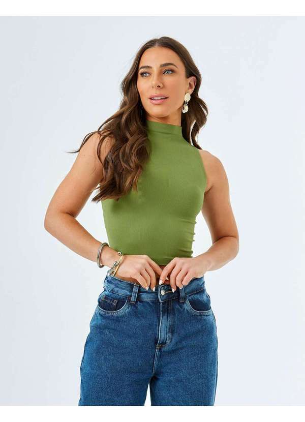 Zinzane - Cropped Zinzane Feminino Seamless Canelado Gola - Verde Militar Verde