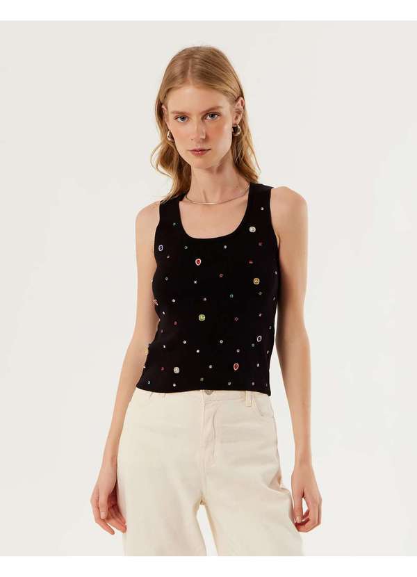 Zinzane - Regata Modal Bordado Pedrarias - Preto Preto