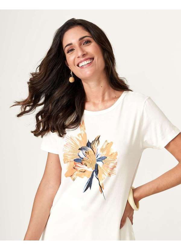 Zinzane - T-Shirt Zinzane Feminino Decote Elba Flor Branco