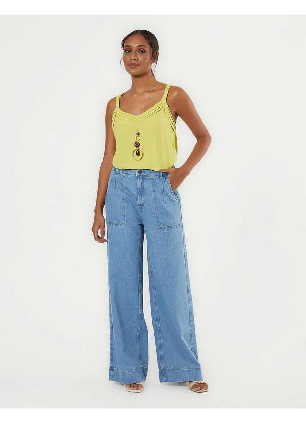 Calca Jeans Wide Leg Barra Larga Denim Medio Azul Zinzane