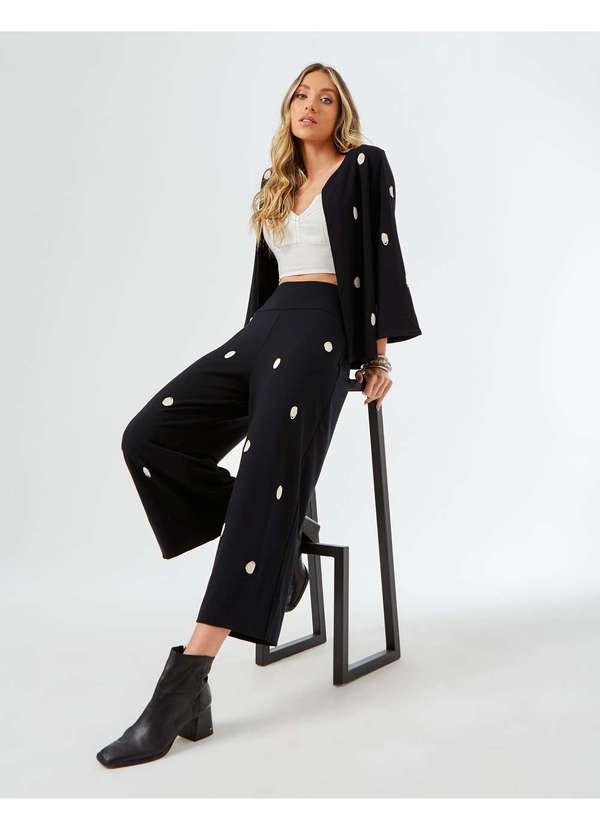 Zinzane - Calca Pantacourt Bordado Poa Preto