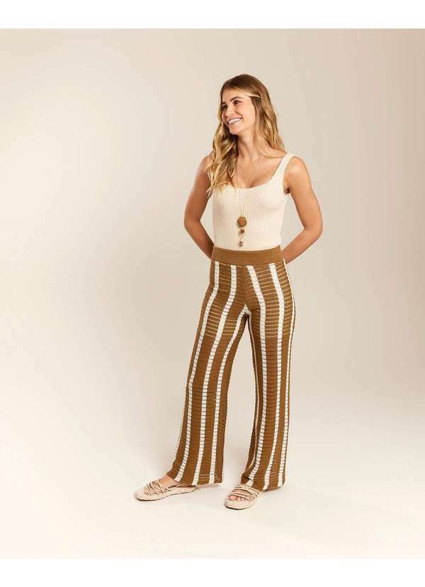 Zinzane - Calca Zinzane Feminino Tricot Listras Verticais - Camel Marrom