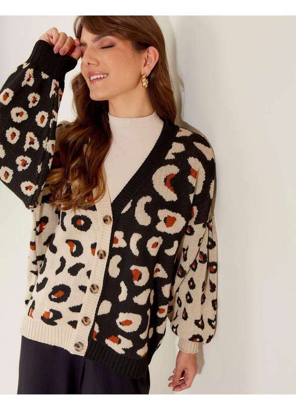 Zinzane - Cardigan Zinzane Feminino Animal Print Amplo - Areia Bege