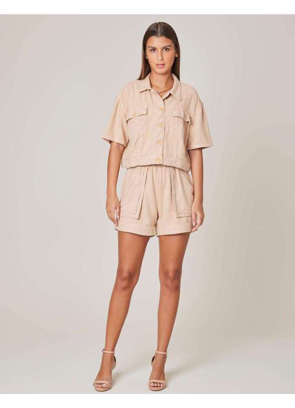 Jaqueta Cropped Linho Bolsos Areia Bege Zinzane