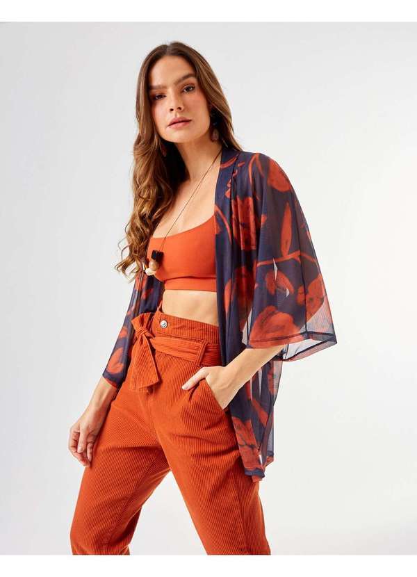 Zinzane - Kimono Zinzane Feminino Tule Estampado Kate - Marinho Azul